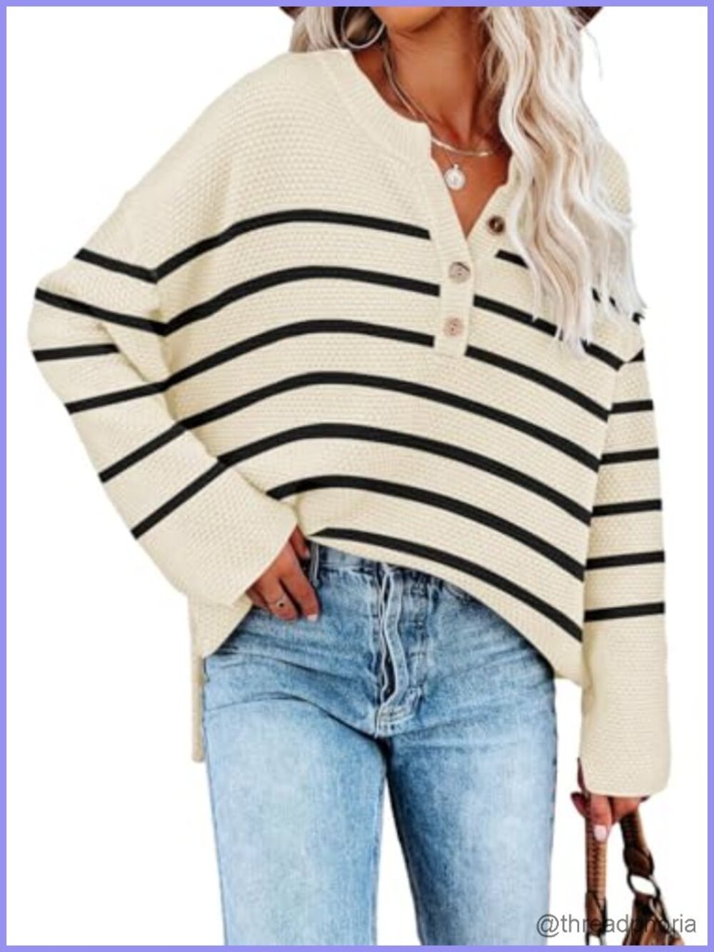 Oversized V-Neck Button Sweater Batwing Long Sleeve Henley Pullover Knit Jumper
